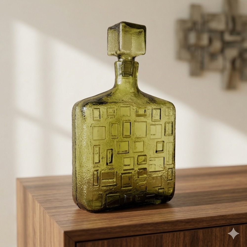 Empoli Brutalist Olive Green Art Glass Decanter Geometric Bottle Italy‎ MCM